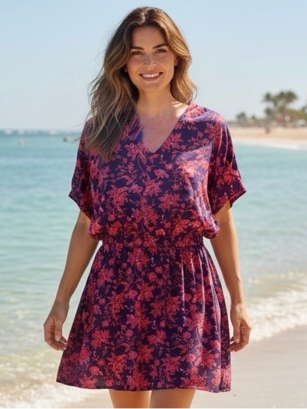 Lands' End Viscose Purple, Pink, & Coral Floral Print Swim Cover-Up Dress XL-XXL